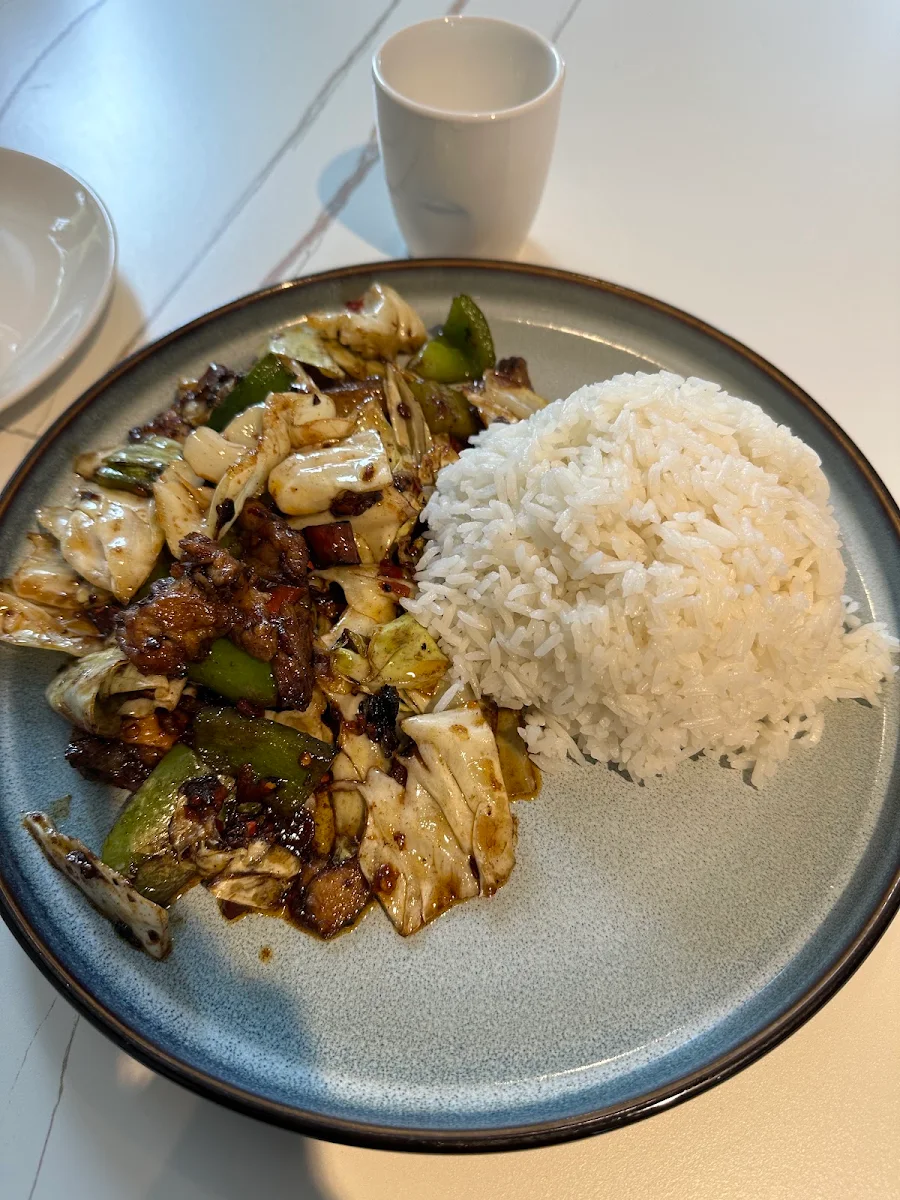 Mu Shu Pork Rice Bowl Set Meal Includes Mu Shu Pork Rice Bowl Scallion and Century Egg Tofu And