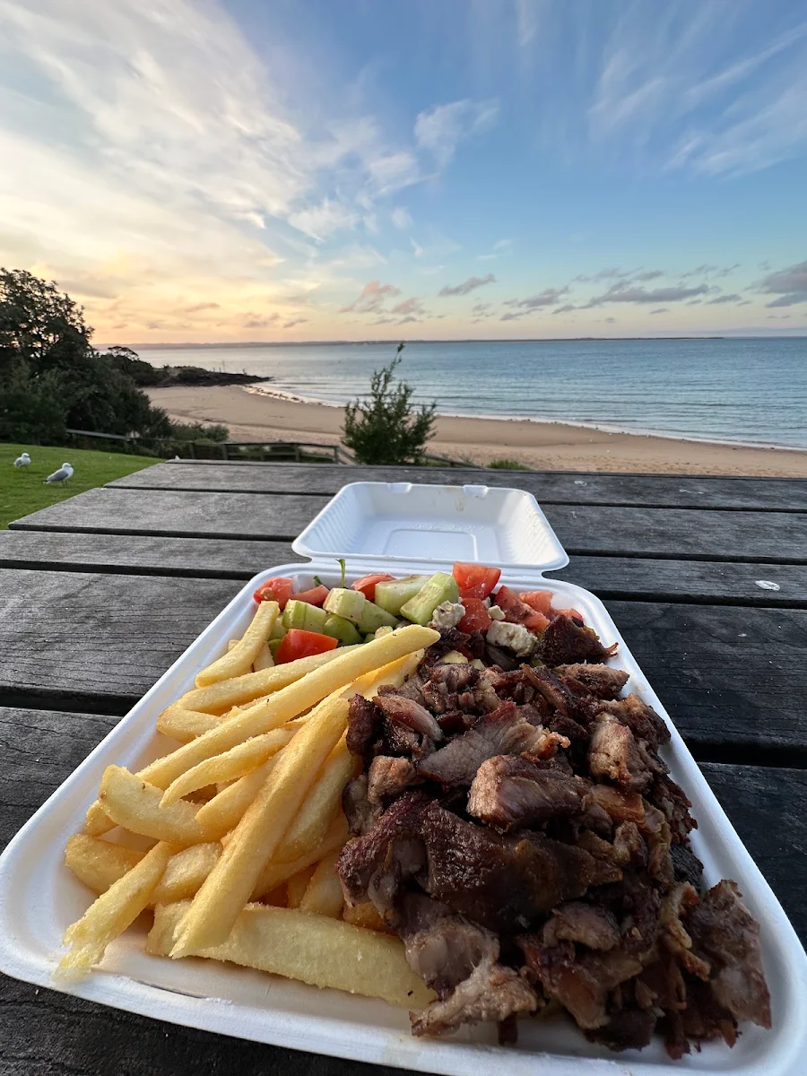 Lamb Gyros Chips and Greek Salad