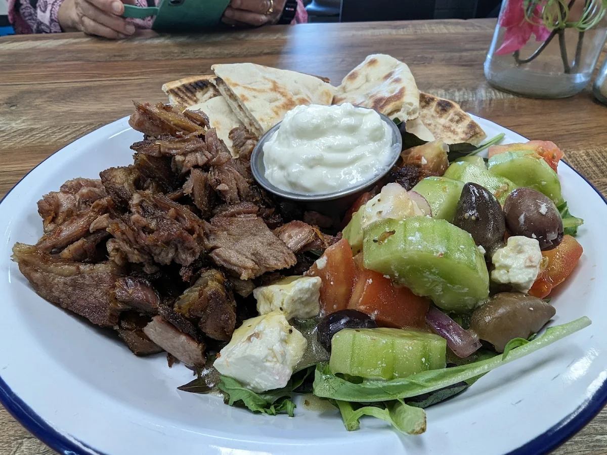 Platter of Chicken and Pork Pita Bread Greek Salad