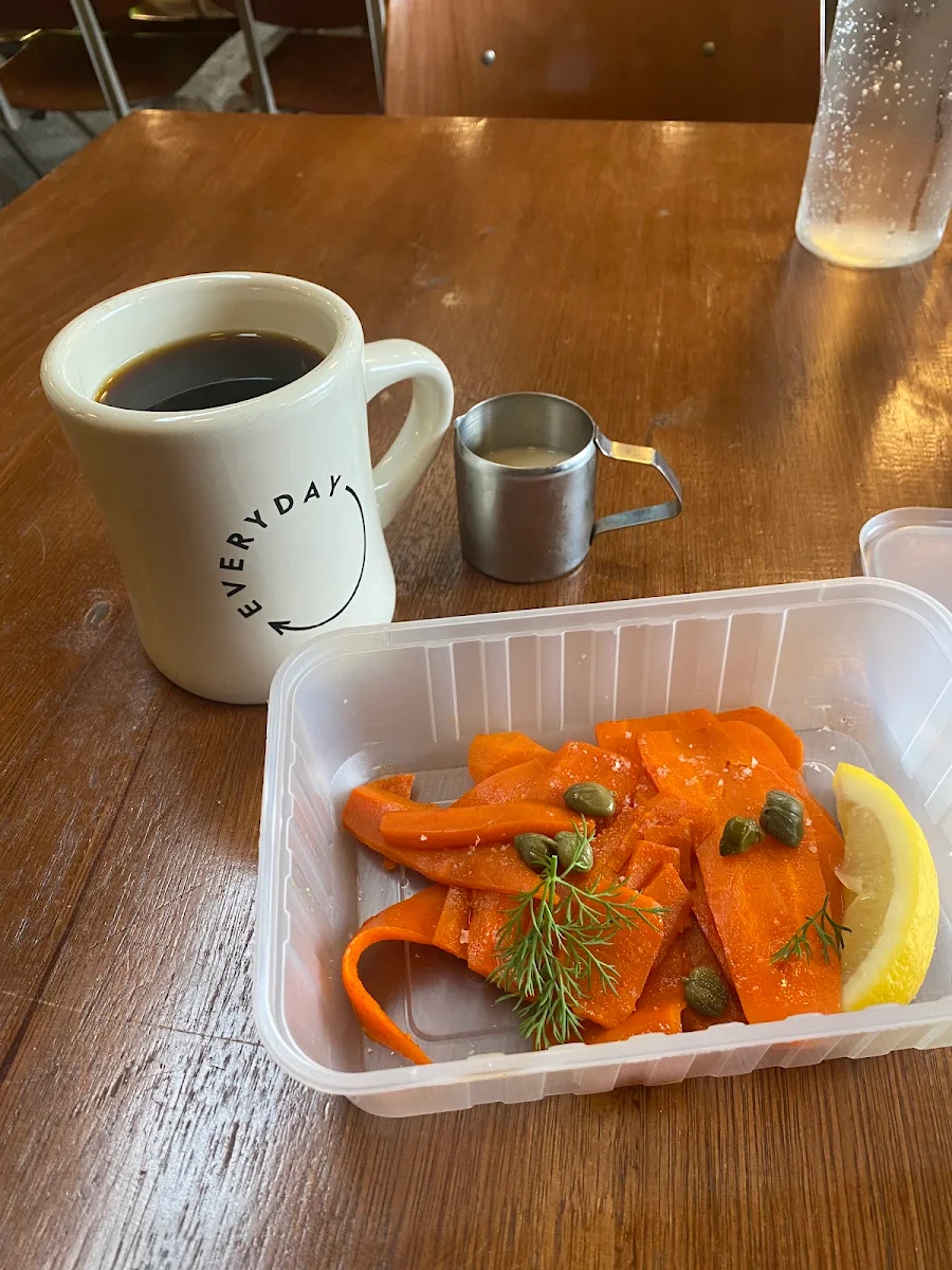 Batch Brew with Side Oat Milk and Carrot Lox