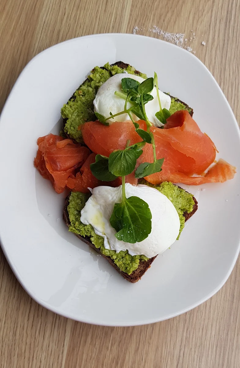 Smoked Salmon on Rye Pea Pesto & Poached Eggs