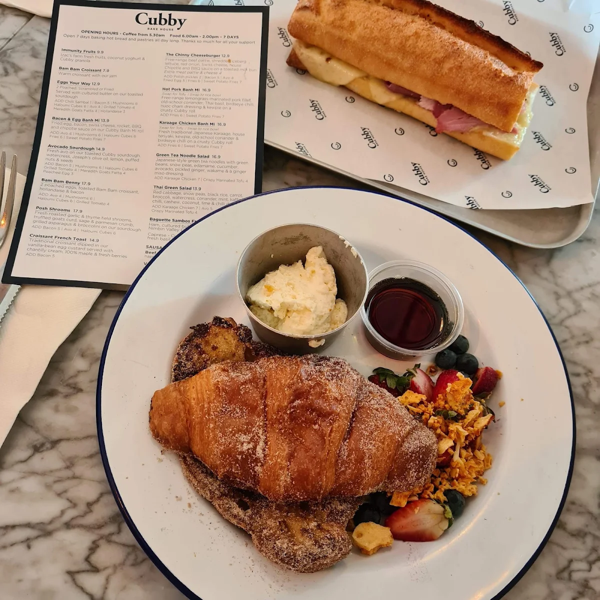 Croissant French Toast and Ham and Cheese Baguette