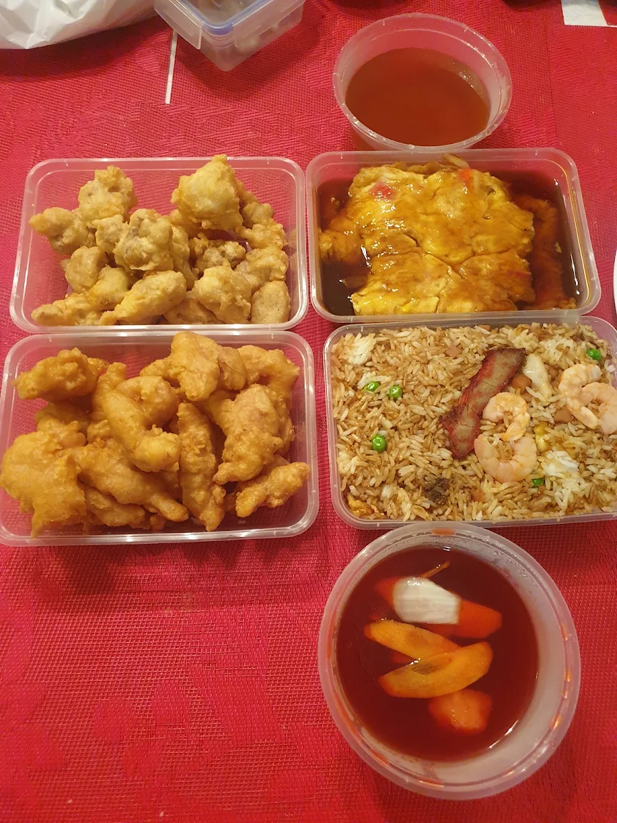 Sweet Sour Pork Crab Omelette Honey Chicken Special Fried Rice Sauces Are Separate Containers
