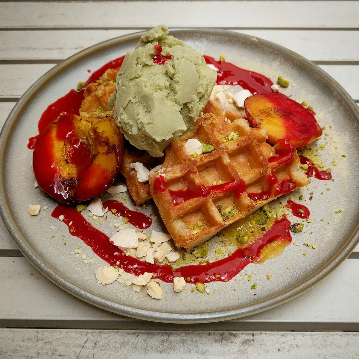 Peach Melba Waffles, Frankie and George