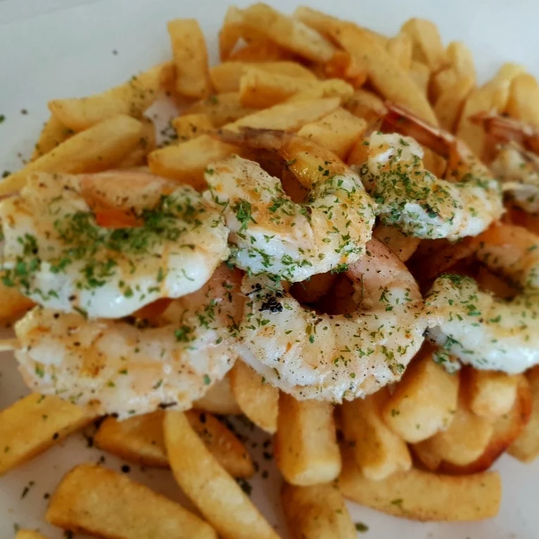 Chips with Garlic Prawns from OH My Cod