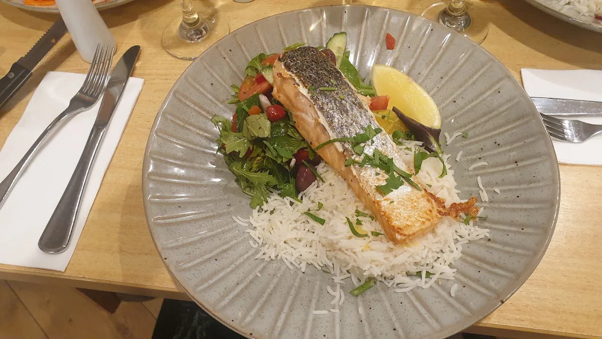 Atlantic Salmon with Citrus Rice and Beans