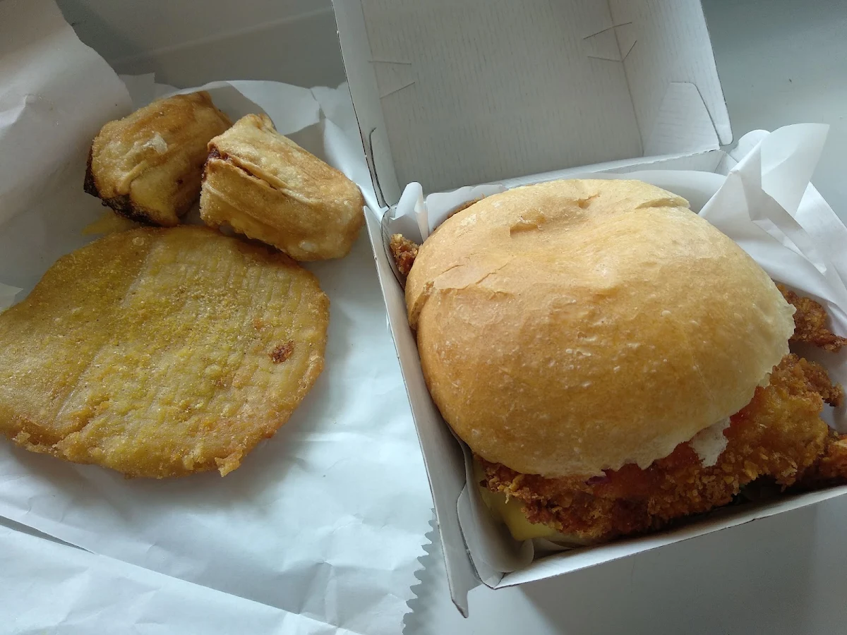 Burger with Dim Sum and Potato Cakes