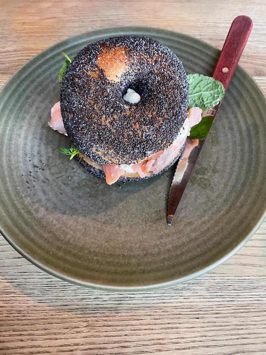 Poppy Seed Bagel with Smoked Trout and Banana Smoothie