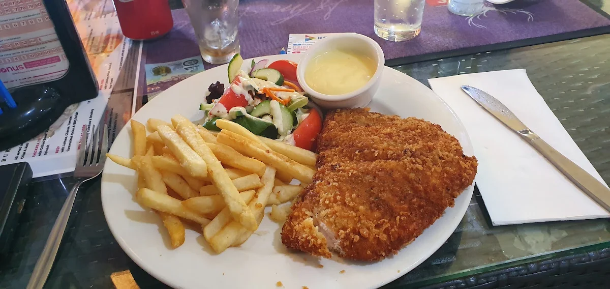 Chicken Schnitzel Creamy Garlic Sauce with Chips and Salad