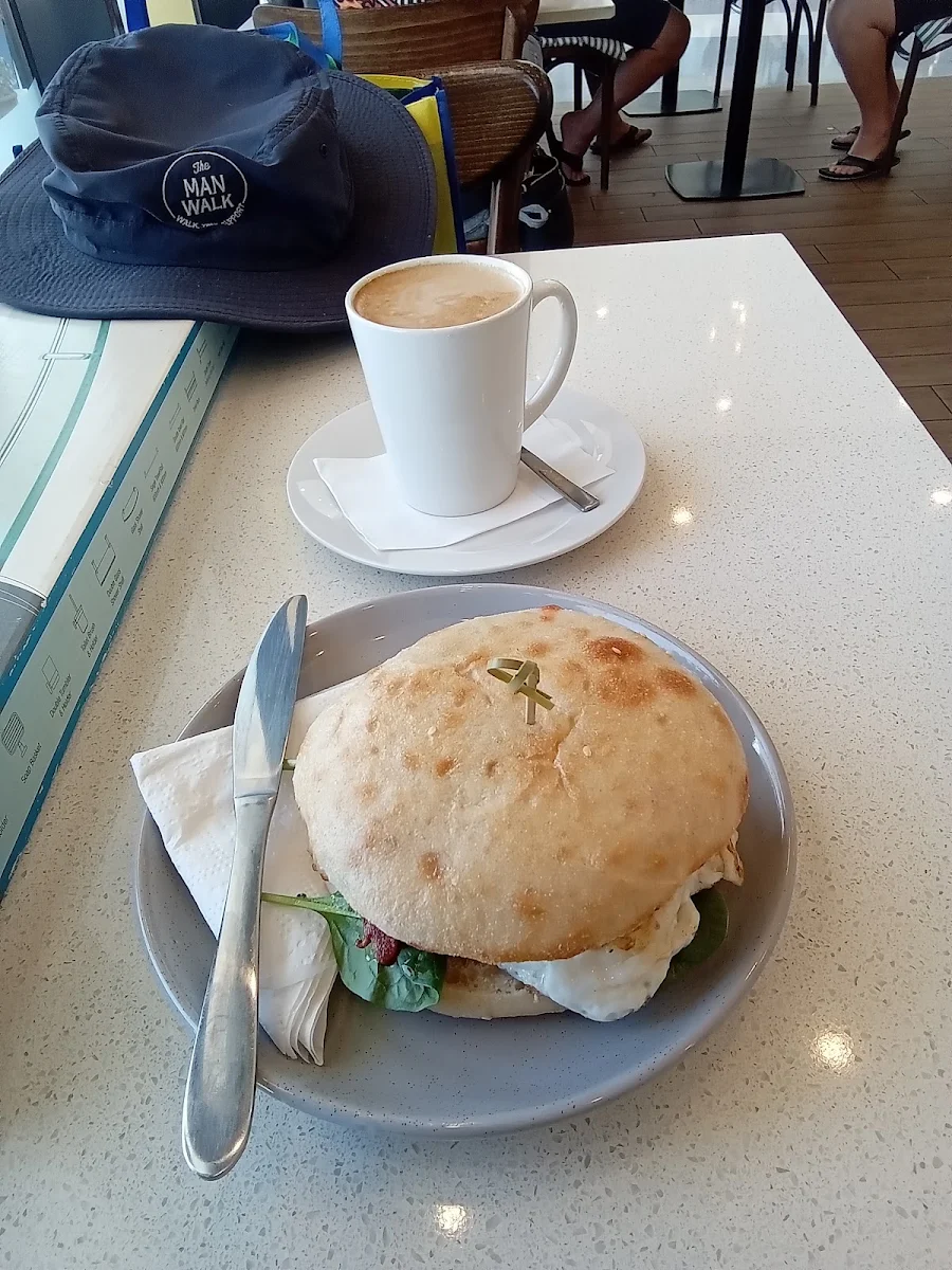 Bacon Egg Spinach Turkish Roll Flat White