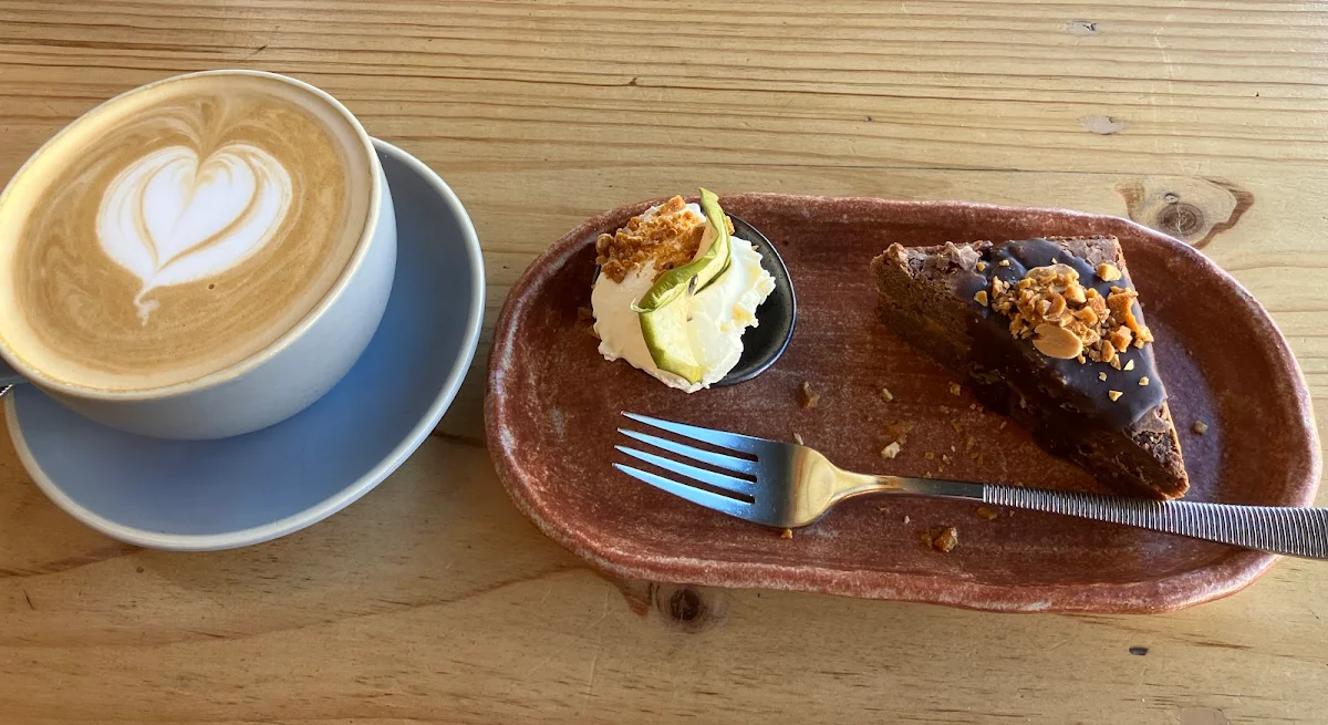 Chocolate Brownie Sandwich and Flat White Coffee