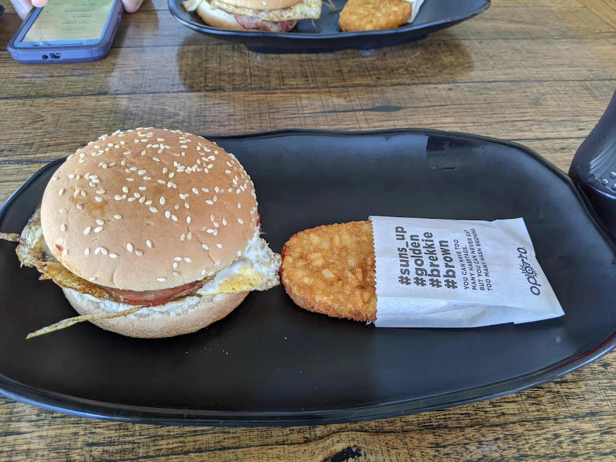 Egg and Bacon on Bun with Hash Brown
