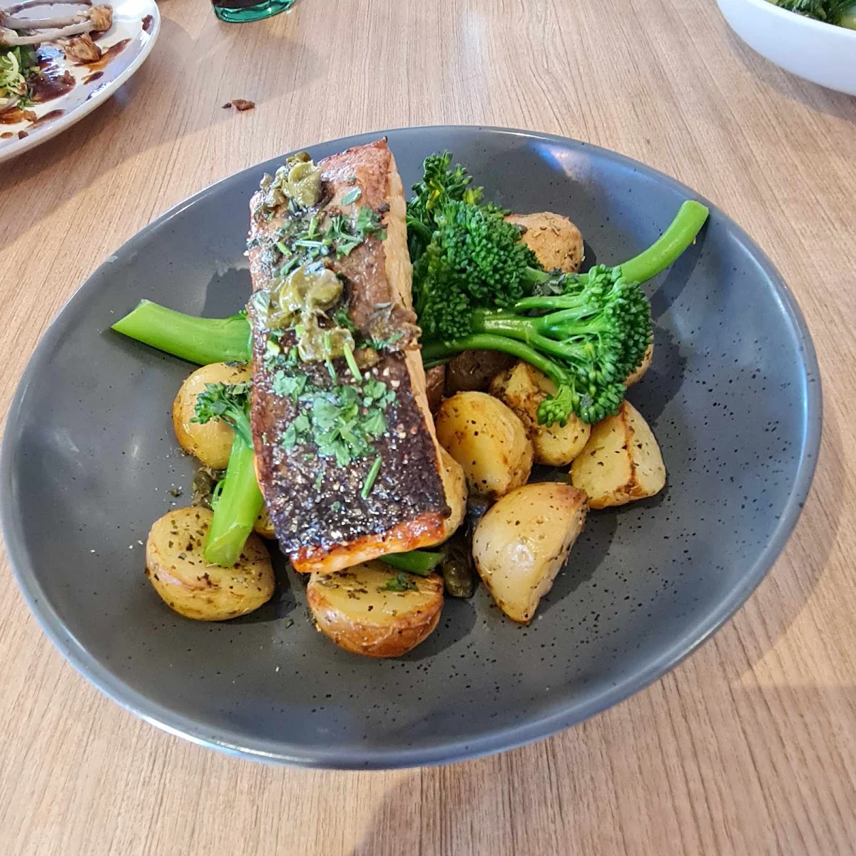 Crispy Skin Salmon Chat Potatoes Broccolini