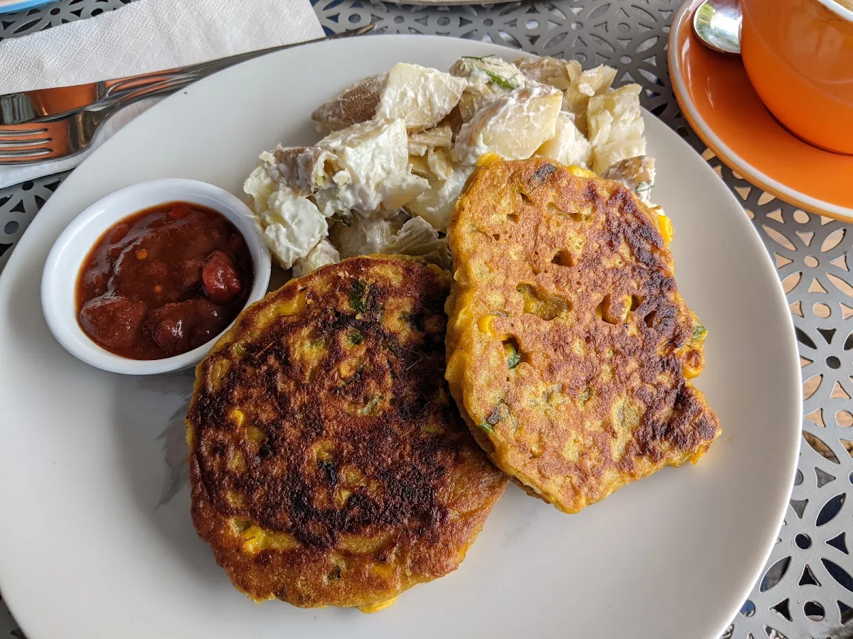 Fritters with Salad Chutney Avocado and Sour Cream
