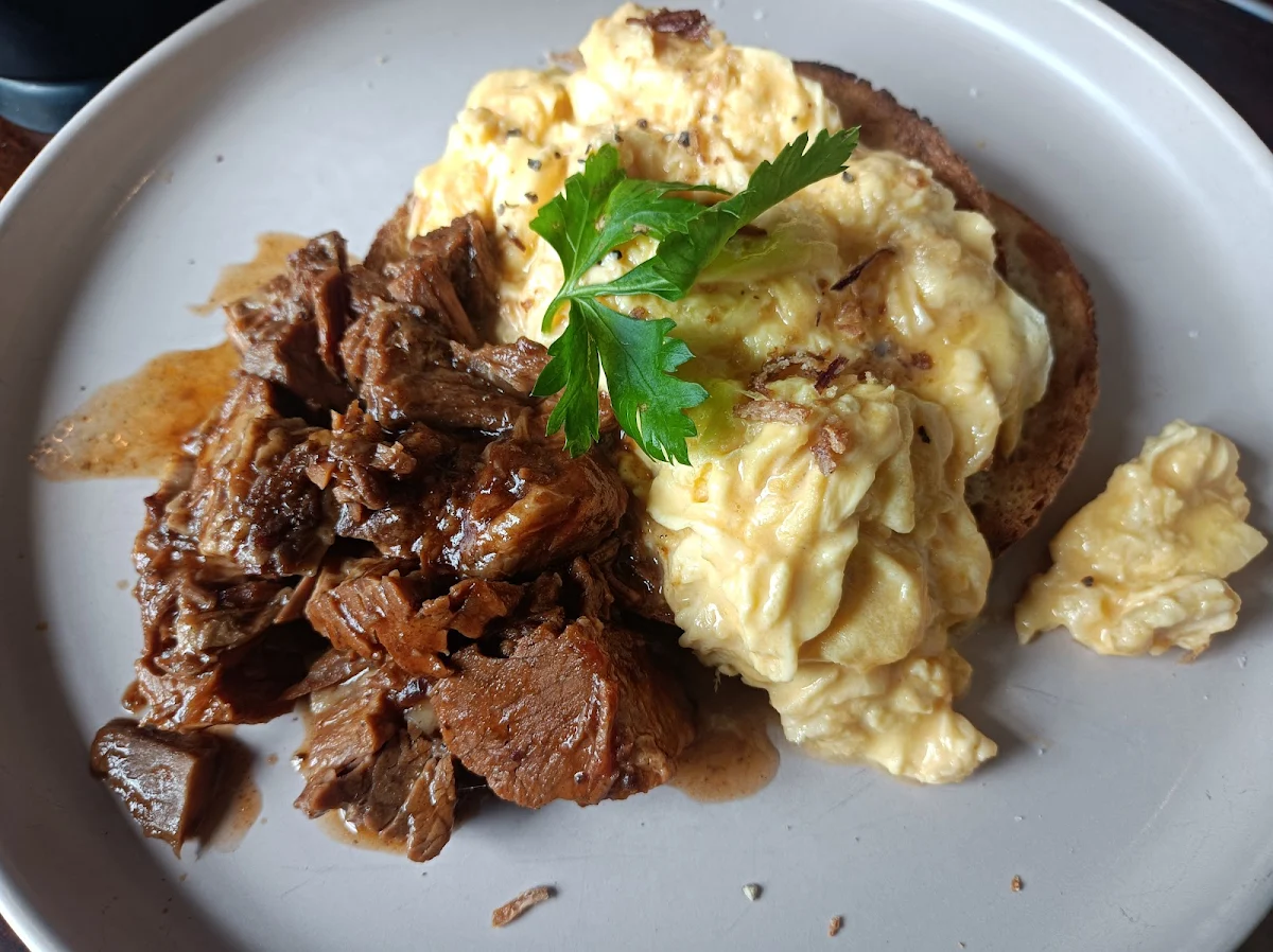 Eggs on Toast and Side of Beef