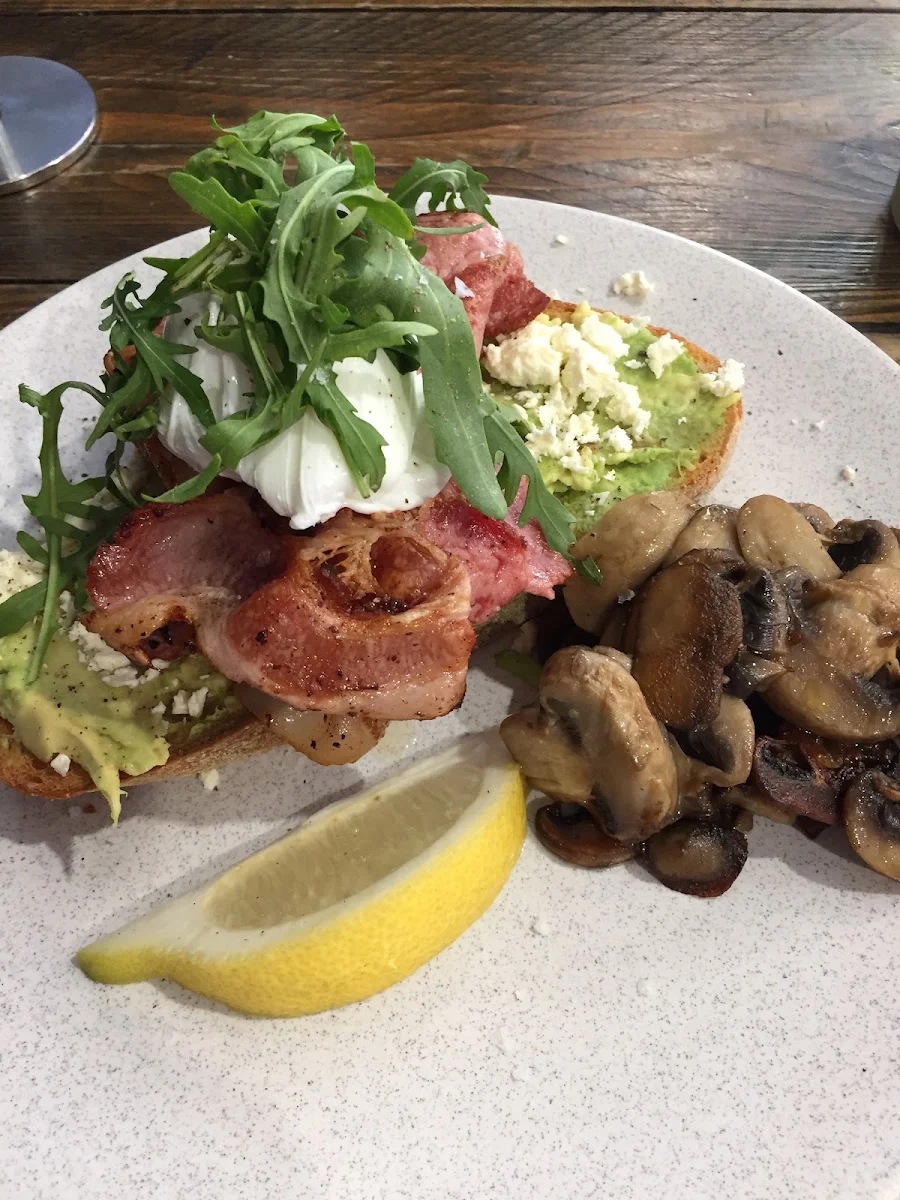 Avocado Toast on Sour Dough with a Side of Mushrooms