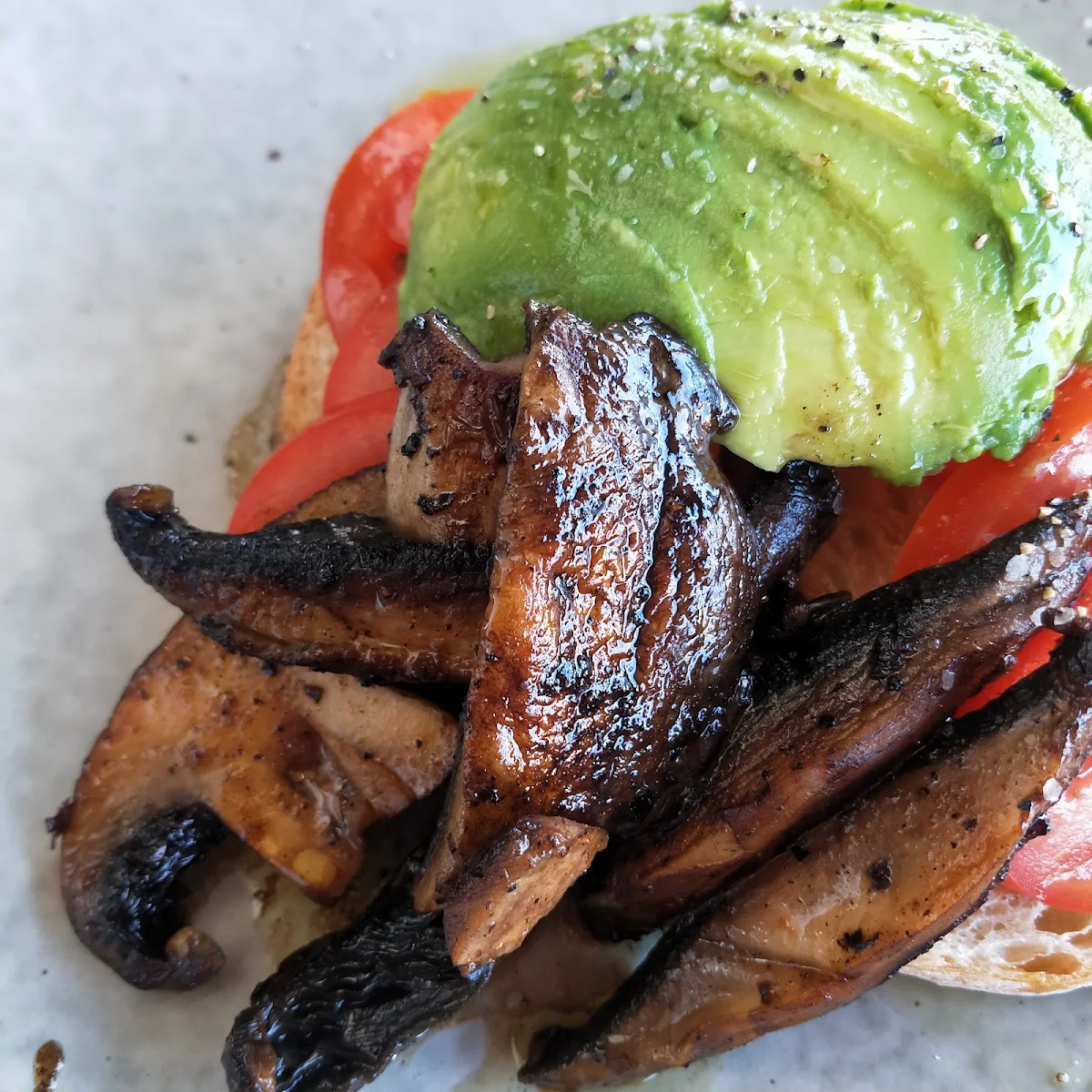 Tomato Feta Avocado on Sourdough I Sub the Feta for Mushroom to Make It Vegan