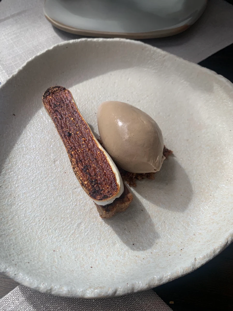 Valrhona Milk Chocolate Ganache Charcoal Torched Meringue Oolong Tea and Kinako Ice Cream