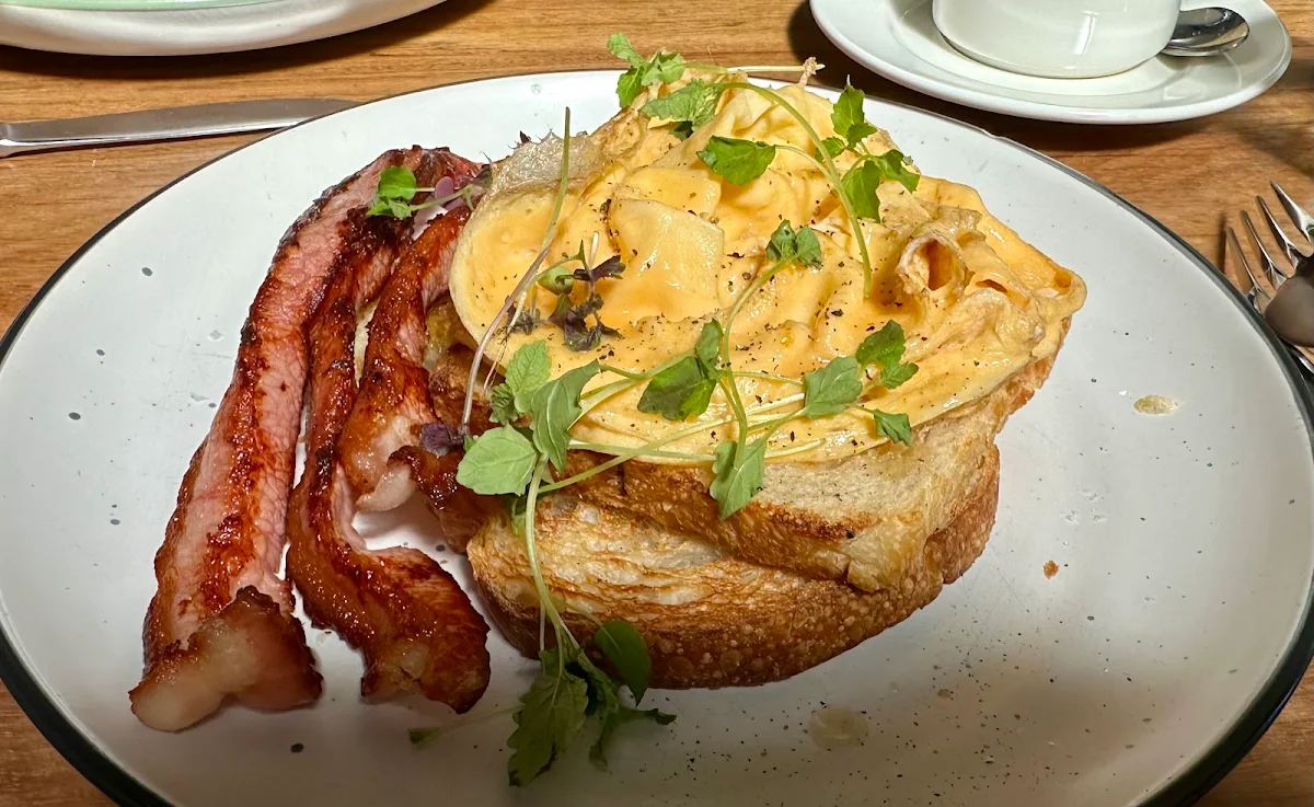 Scrambled Eggs on Sourdough with a Side of Bacon