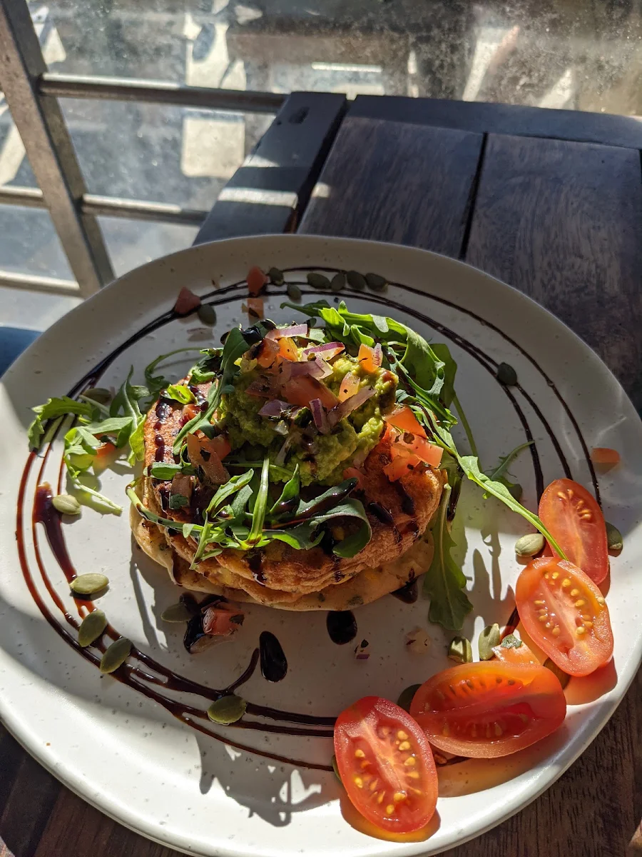 Corn Fritters Stack, Hidden Specialty Coffee