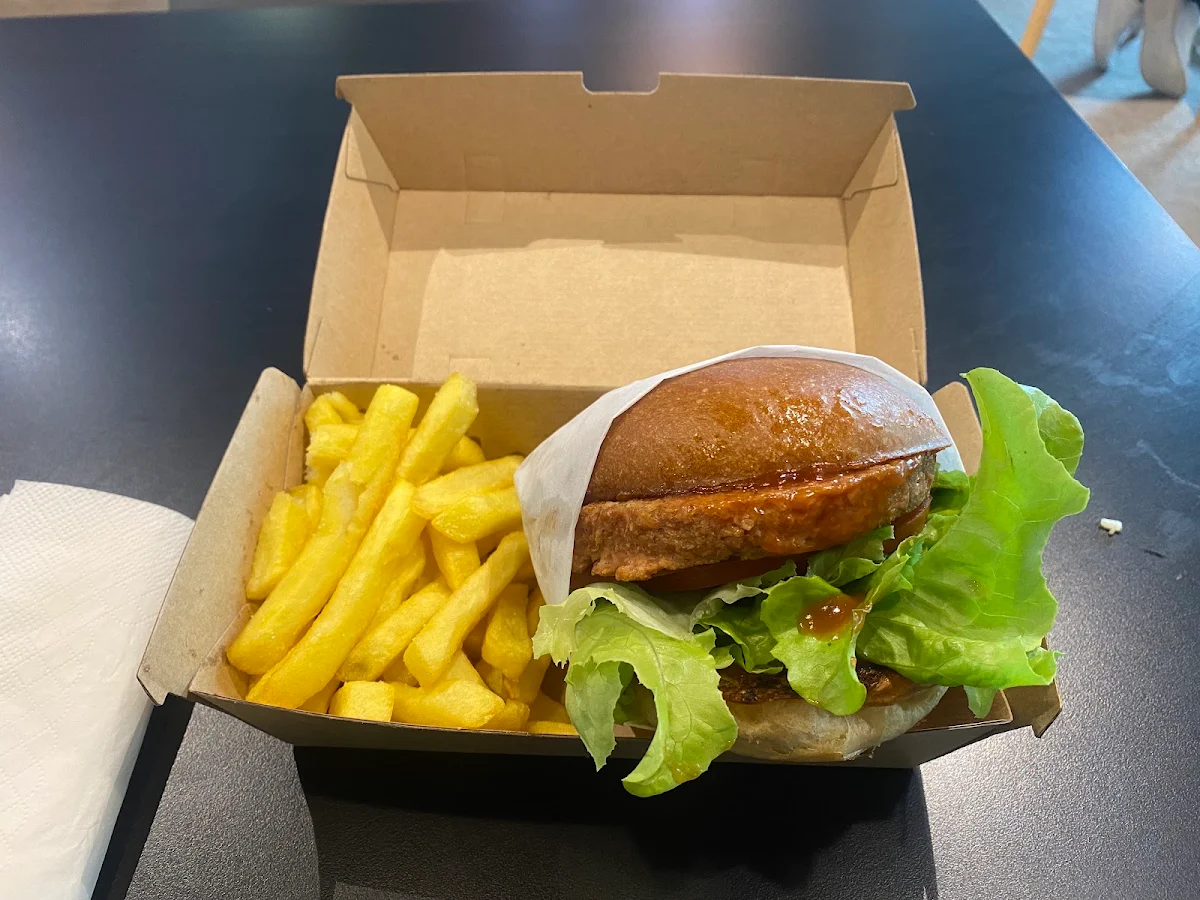Veggie Burger and Fries with Cheese
