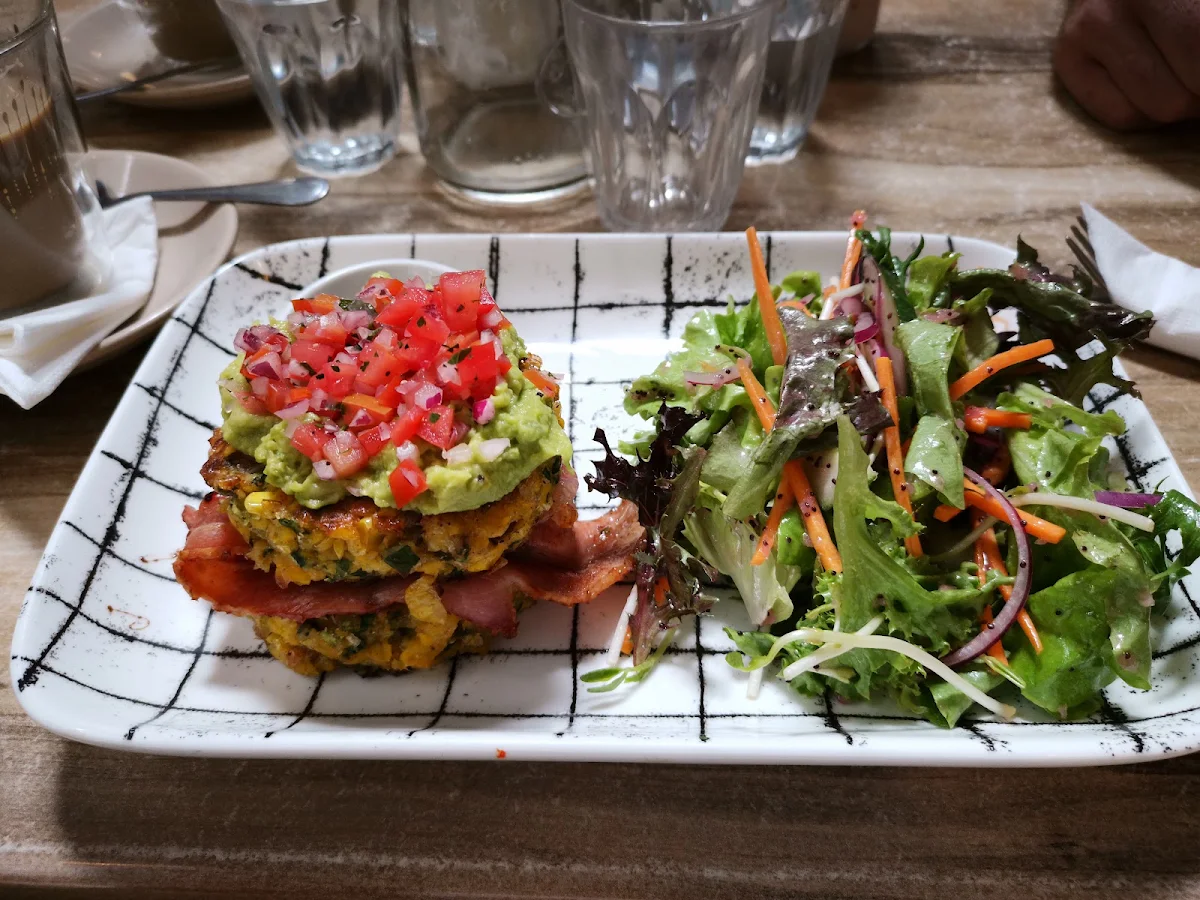 Corn Fritter Stack, essen food & wine