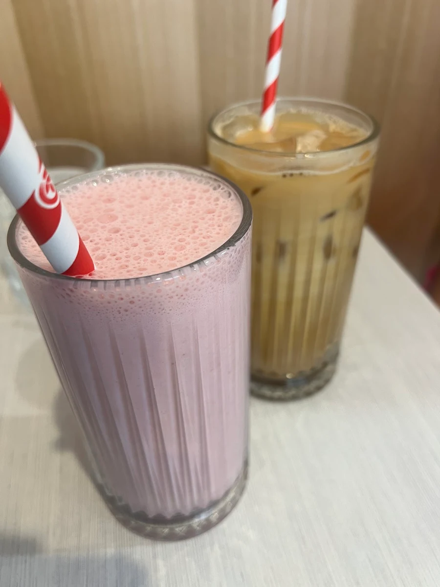 Strawberry Milkshake and Iced Caramel Latte