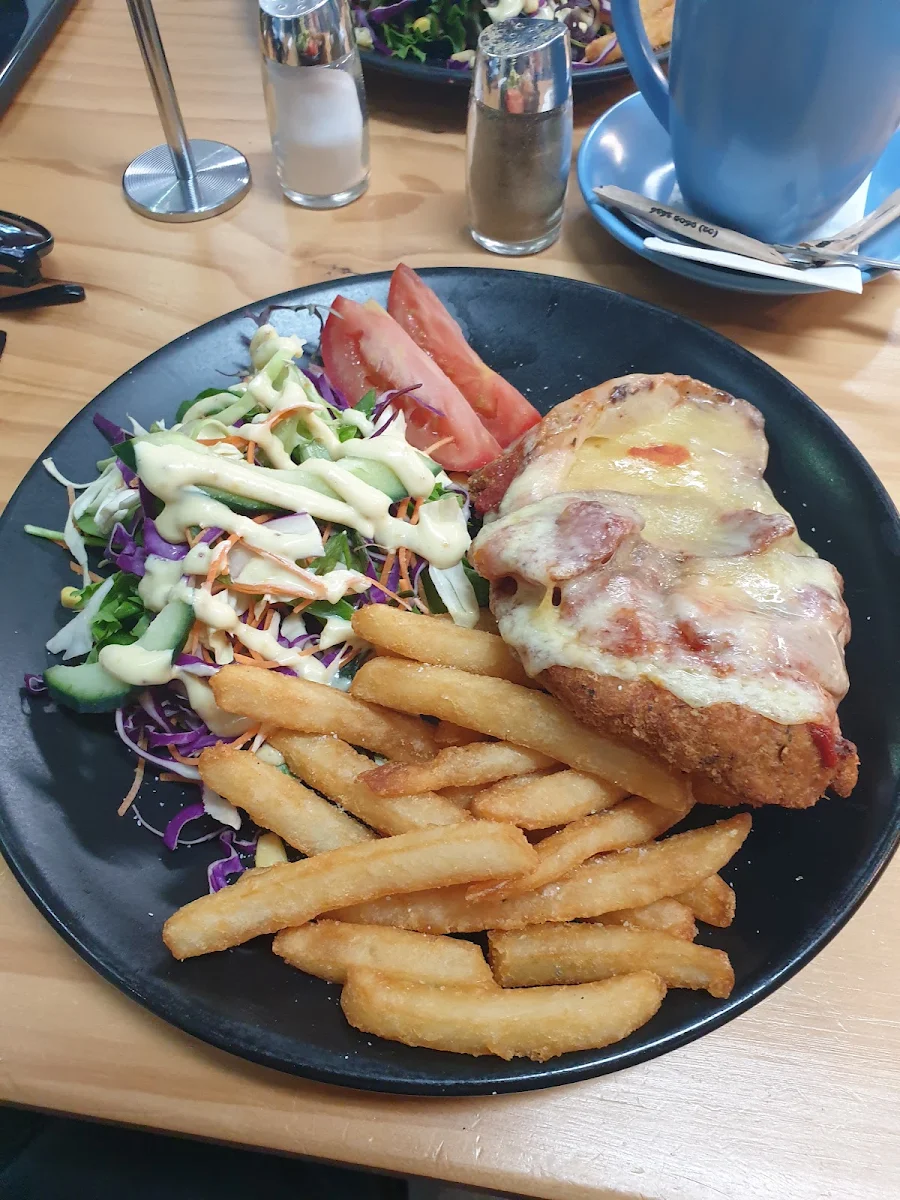 Chicken Parmigiana with Chips and Salad