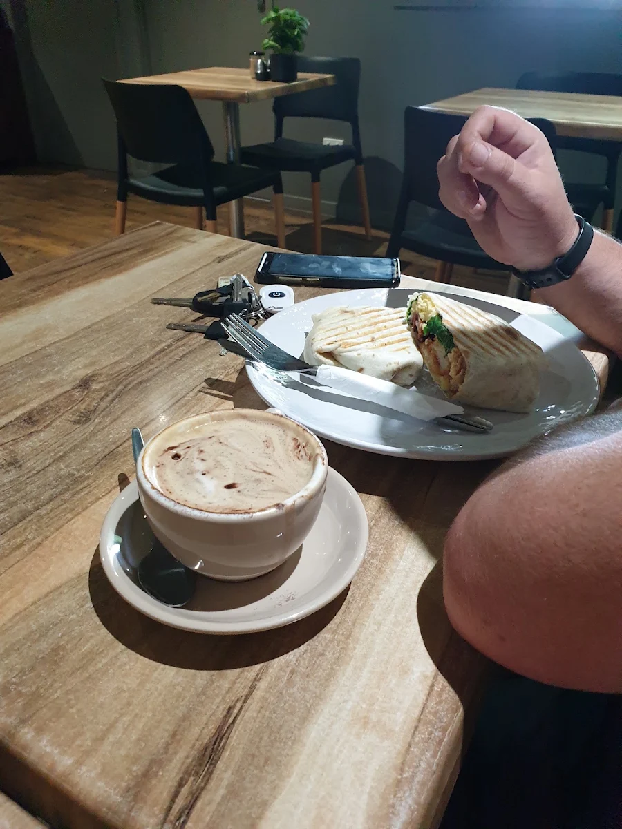 Soy Cappuccino and Bacon and Egg Wrap