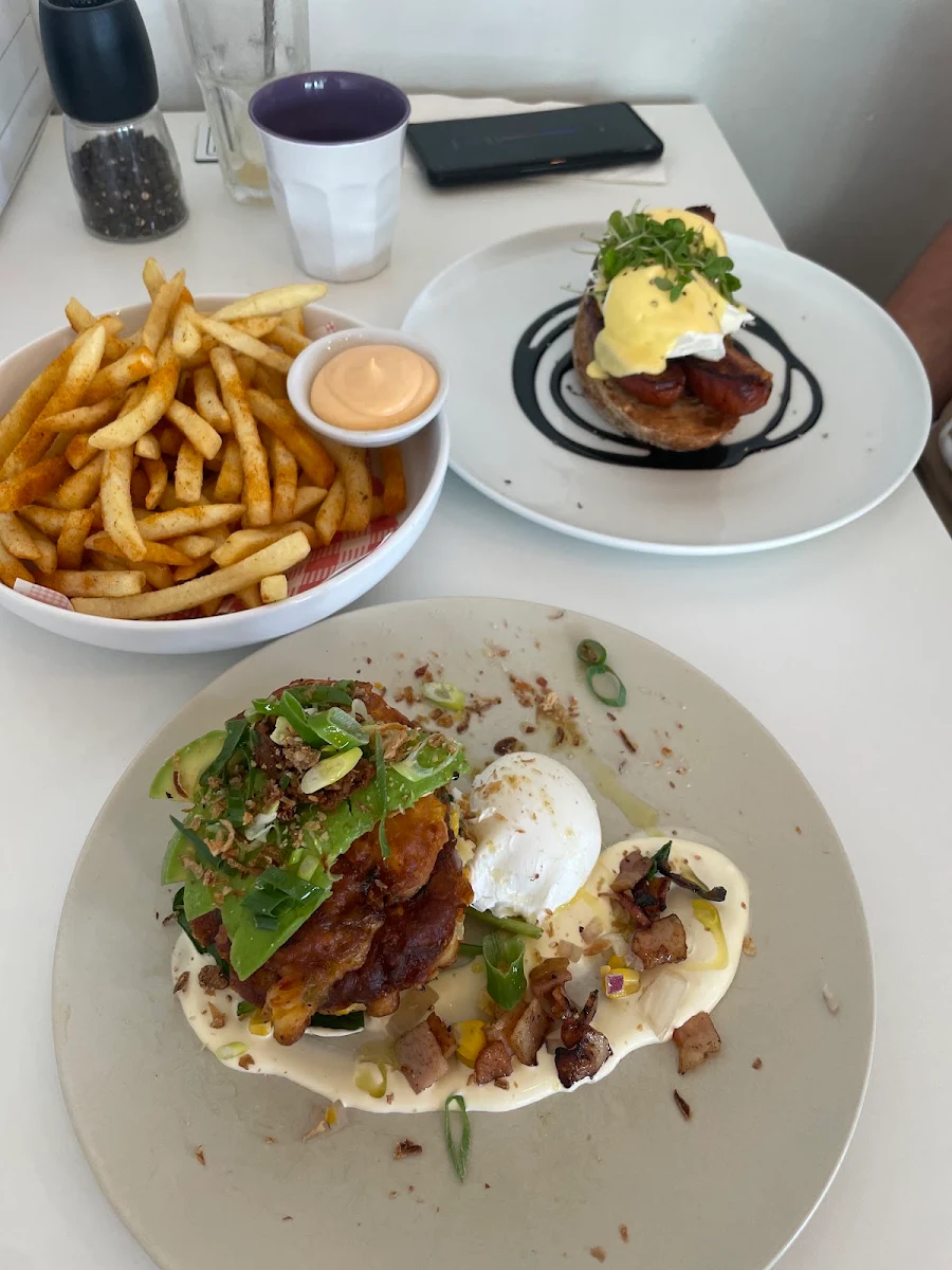 Corn Fritters and Eggs Benny with Chorizo
