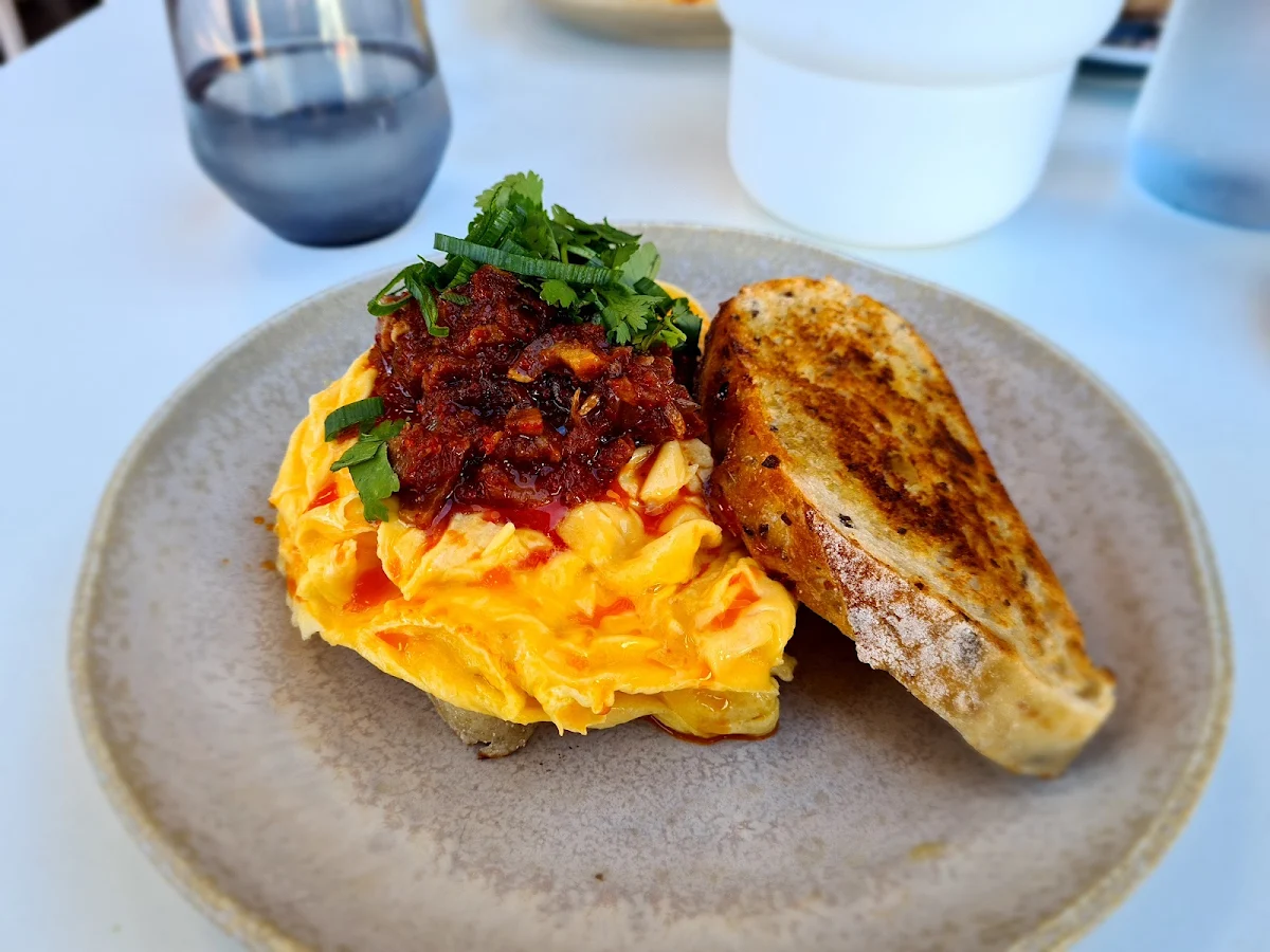 XO Scrambled Eggs XO Bacon Chili Oil Spring Onion Coriander Sourdough