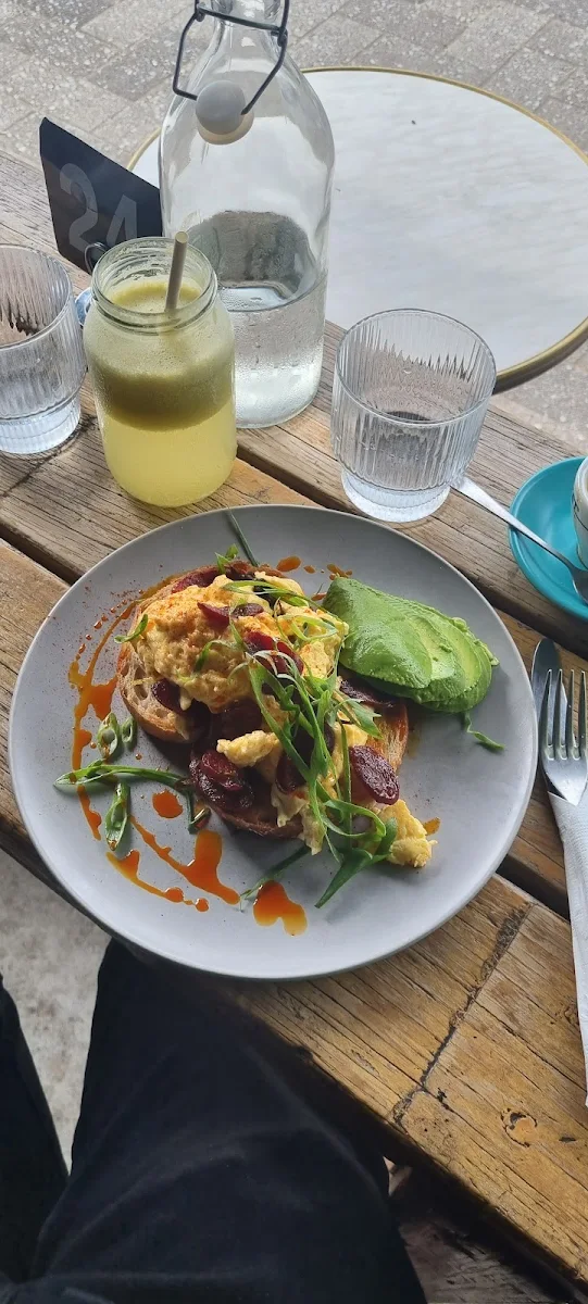 Chorizo with Scrambled Eggs on Sourdough with Green Chilli and Avocado