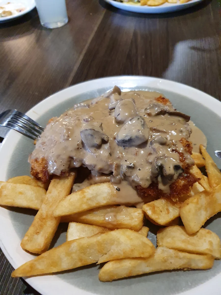 Mouth Chicken Schnitzel with Mushroom Gravy