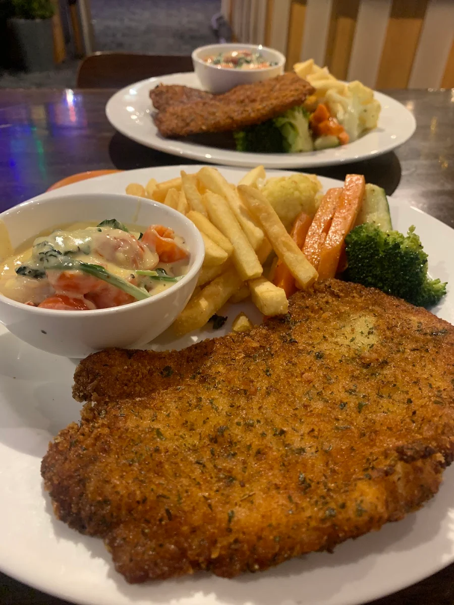Chicken Schnitzel with Garlic Prawns