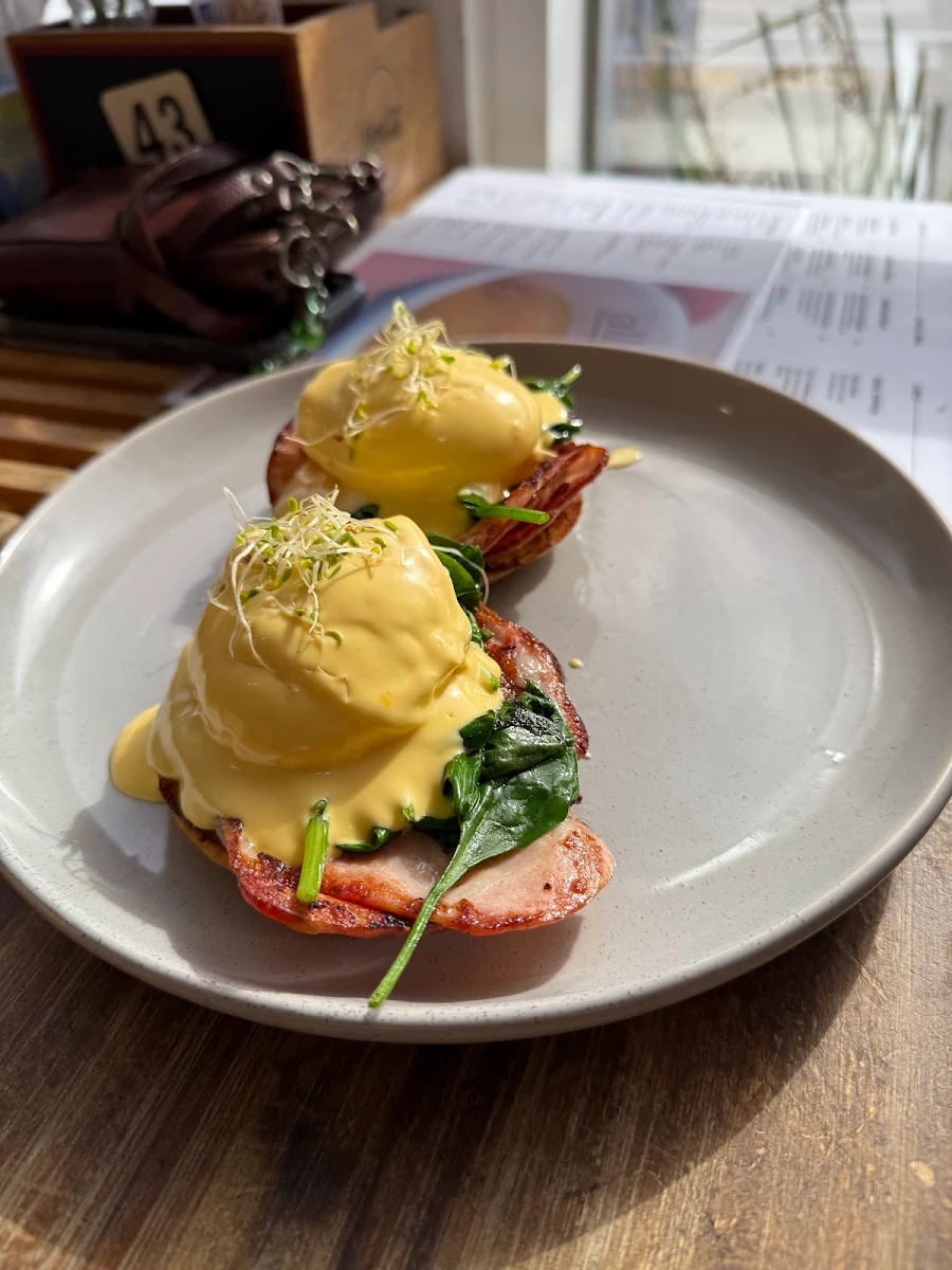 Eggs Benedict with Bacon Spinach and Poached Eggs on Toasted English Muffins with Hollandaise Sauce