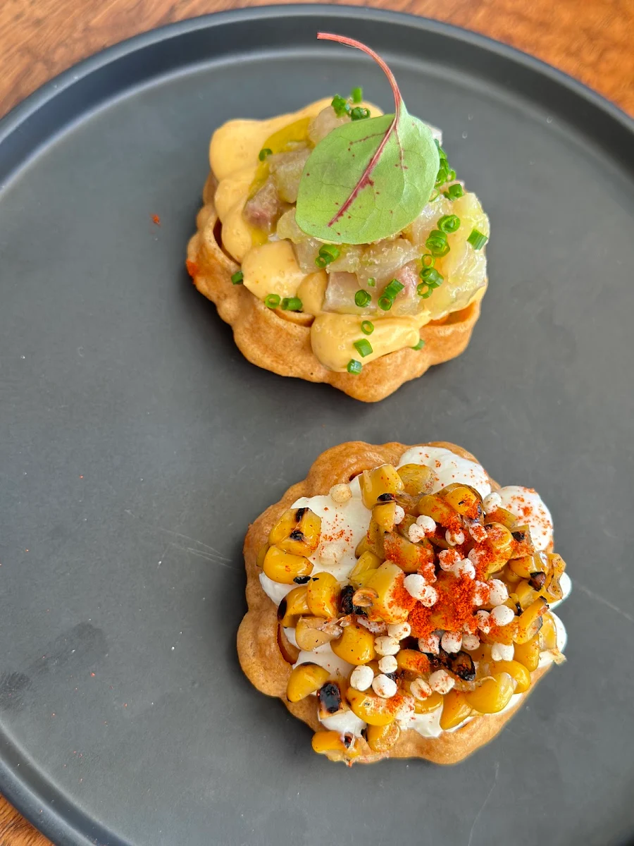 Faine Di Ceci with Charred Corn and King Fish Crudo