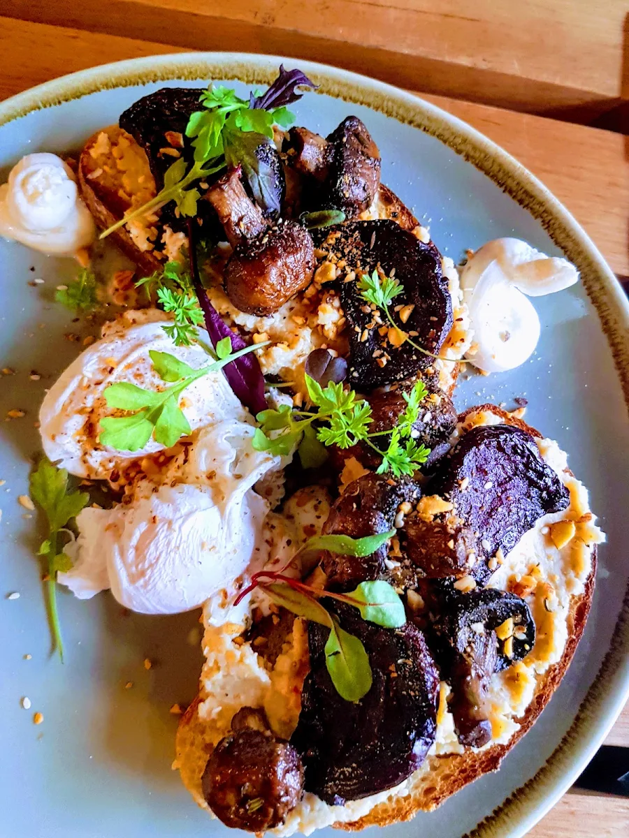 Toasted Sourdough Roasted Beetroot Butter Bean Hummus Whipped Feta Hazelnut Dukkha Soft Herbs