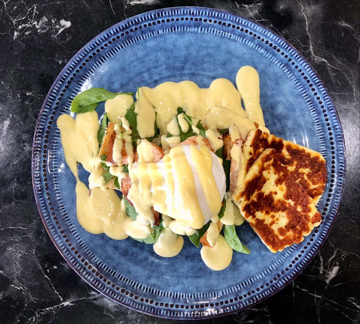 Small Eggs Benedict with Salmon and Haloumi