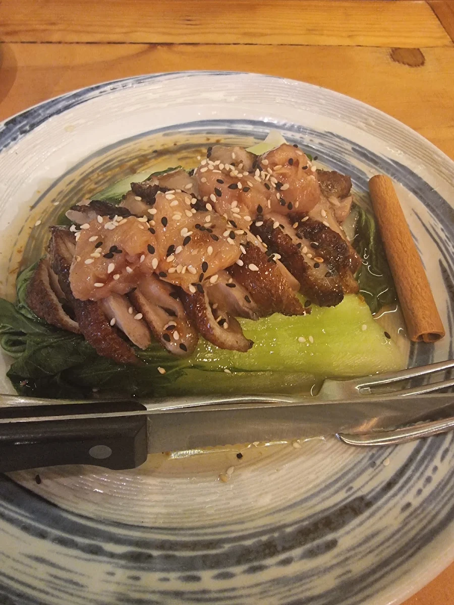 Duck with Plum Sauce and Lychees on Bok Choy