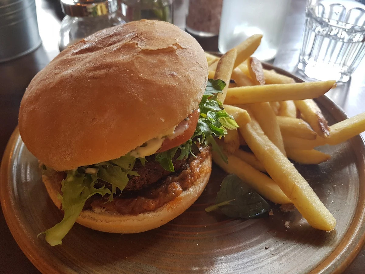 House Beef Burger w Cheese Tomato Sauce & Fries