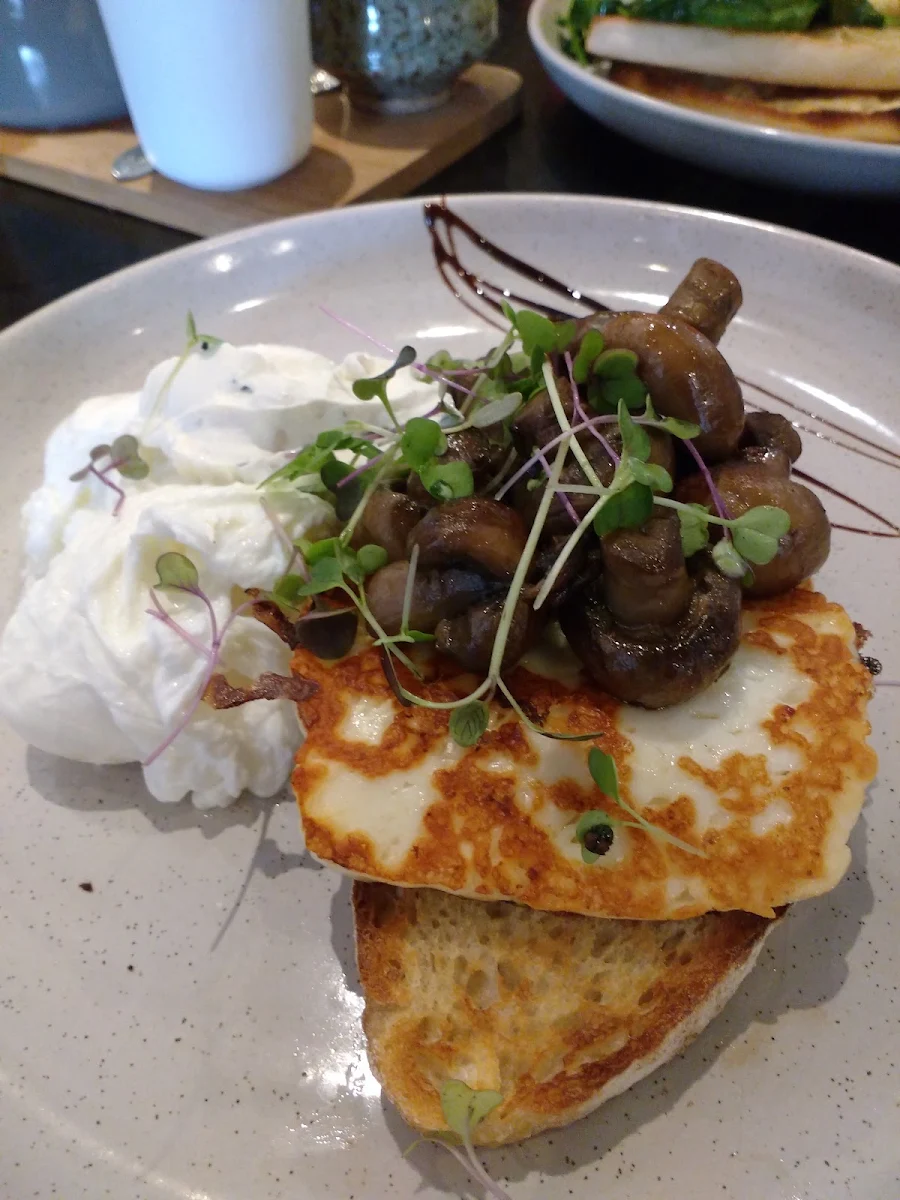Haloumi Pesto Stack with Eggs, Glee Coffee Roasters Erina Heights