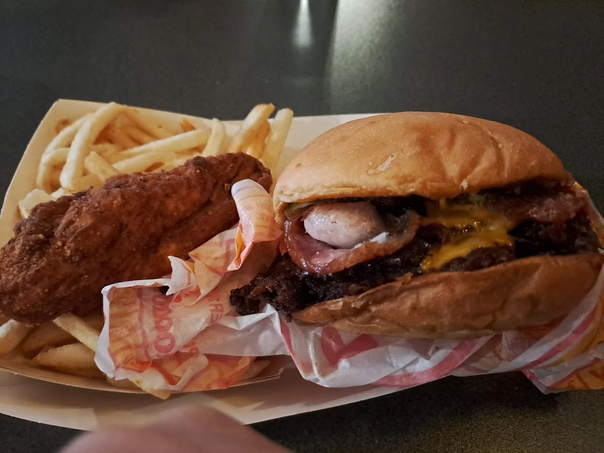 Double Cheeseburger Add Bacon Hot & Spicy Chicken Tender and French Fries