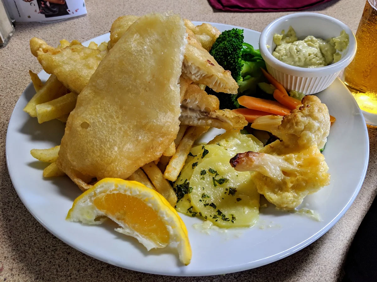 Battered Flake with Chips and Vegetables, The Timboon Pub And Hotel