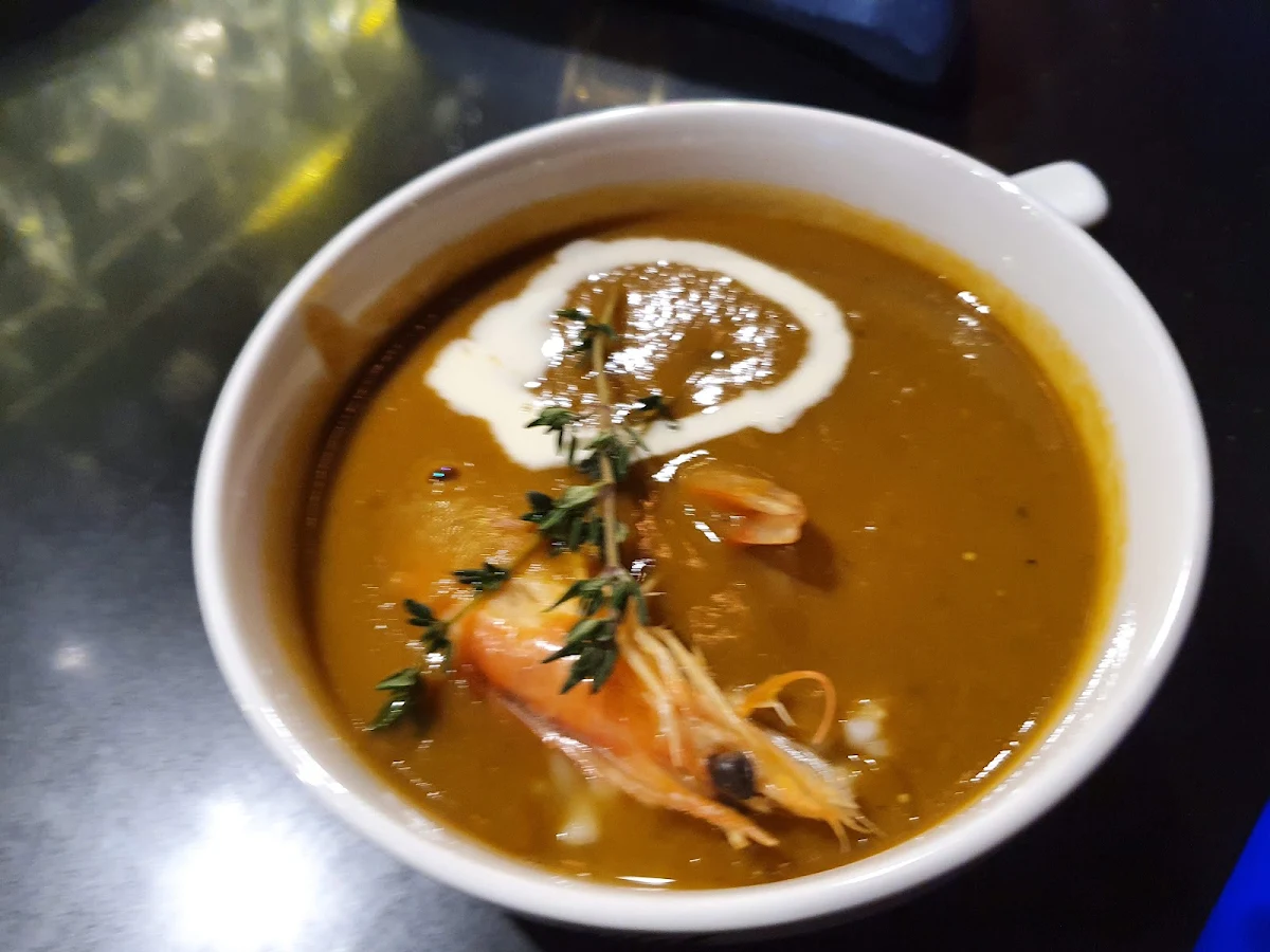 Prawn with Squid in Freshly Baked Lobster Bisque
