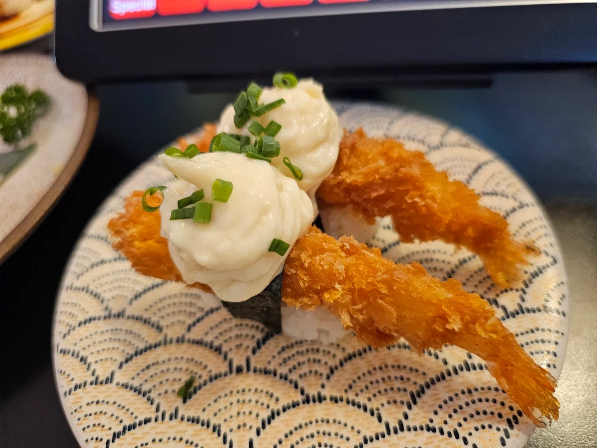 Aburi Coconut Prawn with Curry Mayo & Shredded Coconut on Cooked Tuna Avocado and Cucumber Roll