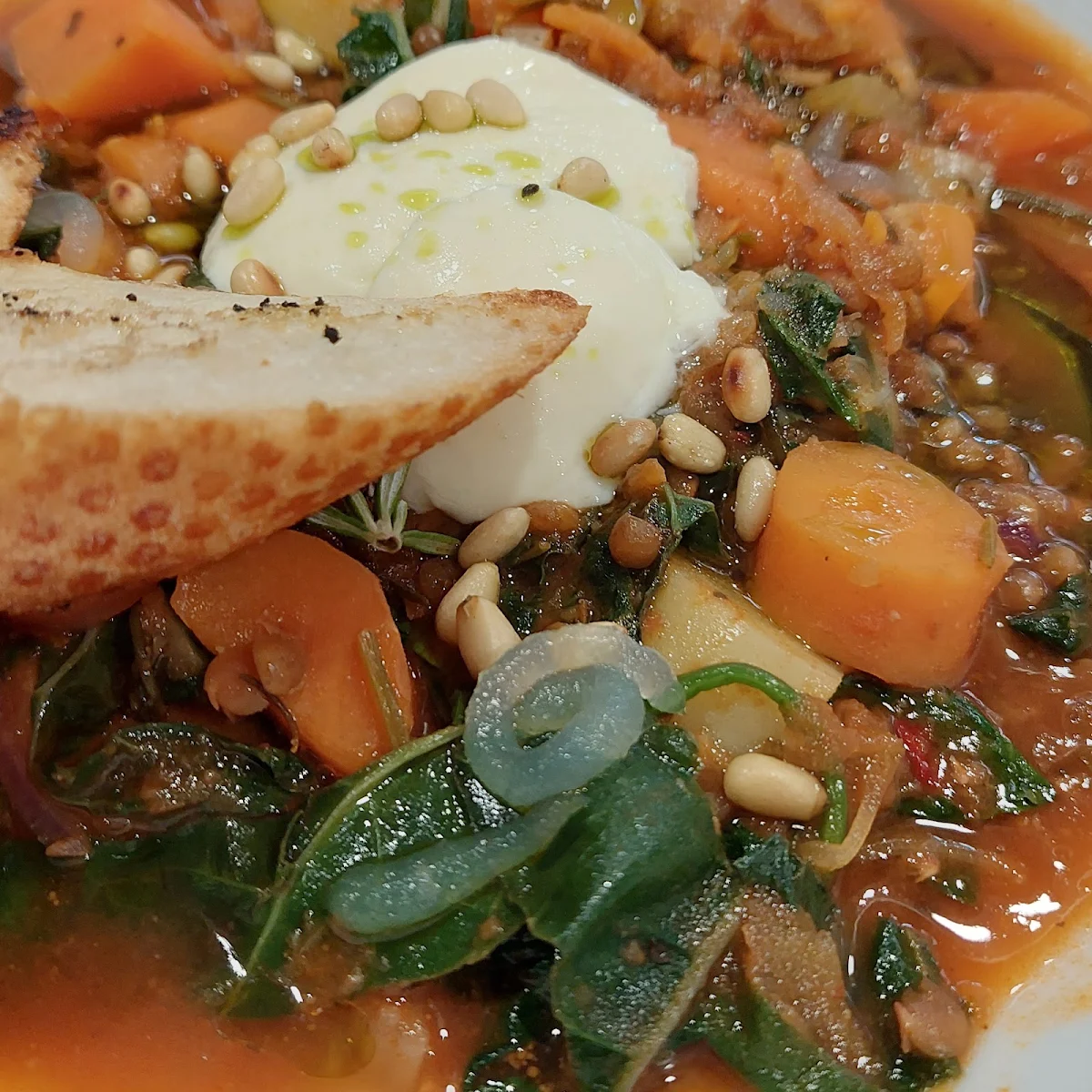 Chorizo Kale Chickpea Soup w Garlic Sourdough