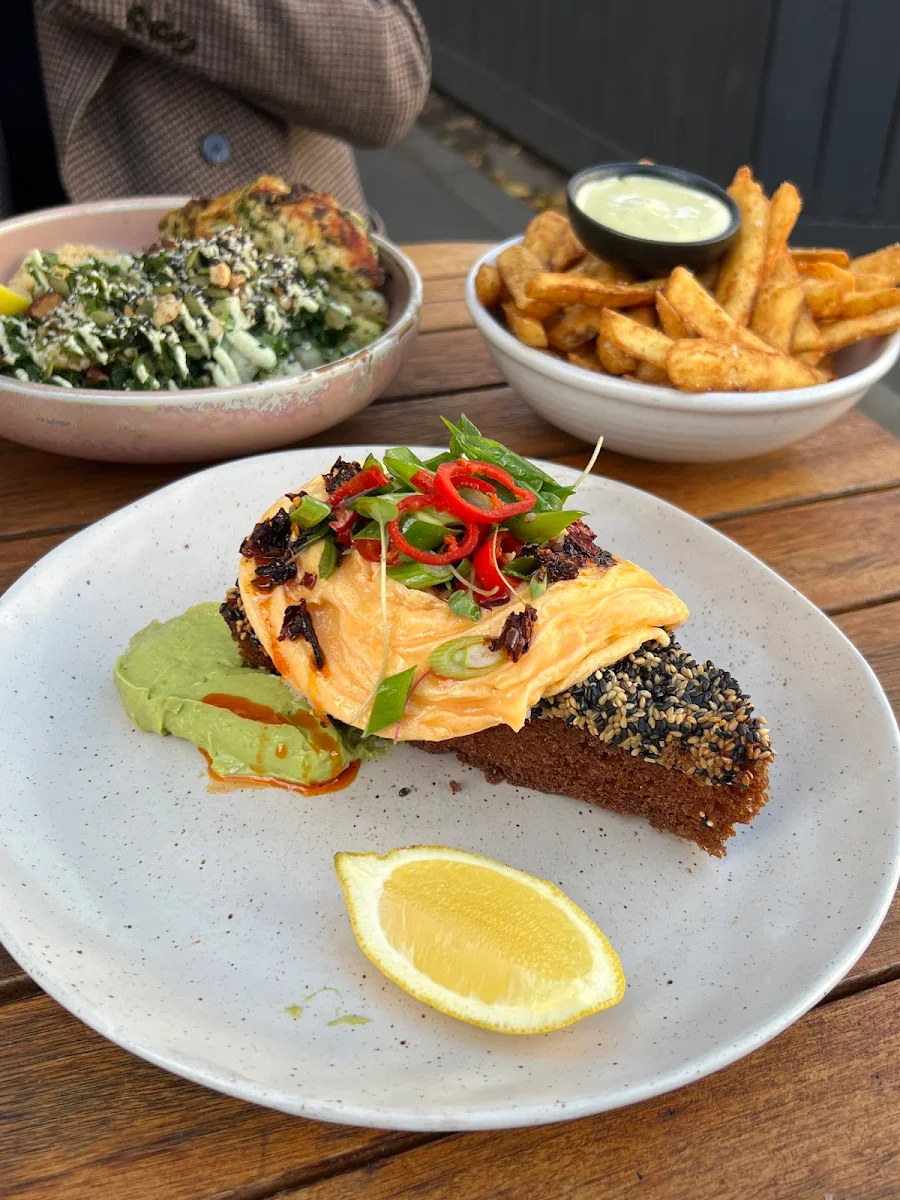 Prawn Toast Chilli Scramble w Toasted Black Sesame Fried Brioche