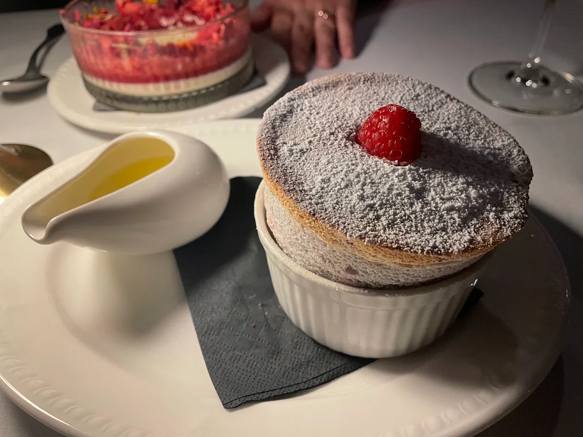 Raspberry Soufflé with White Chocolate Sauce