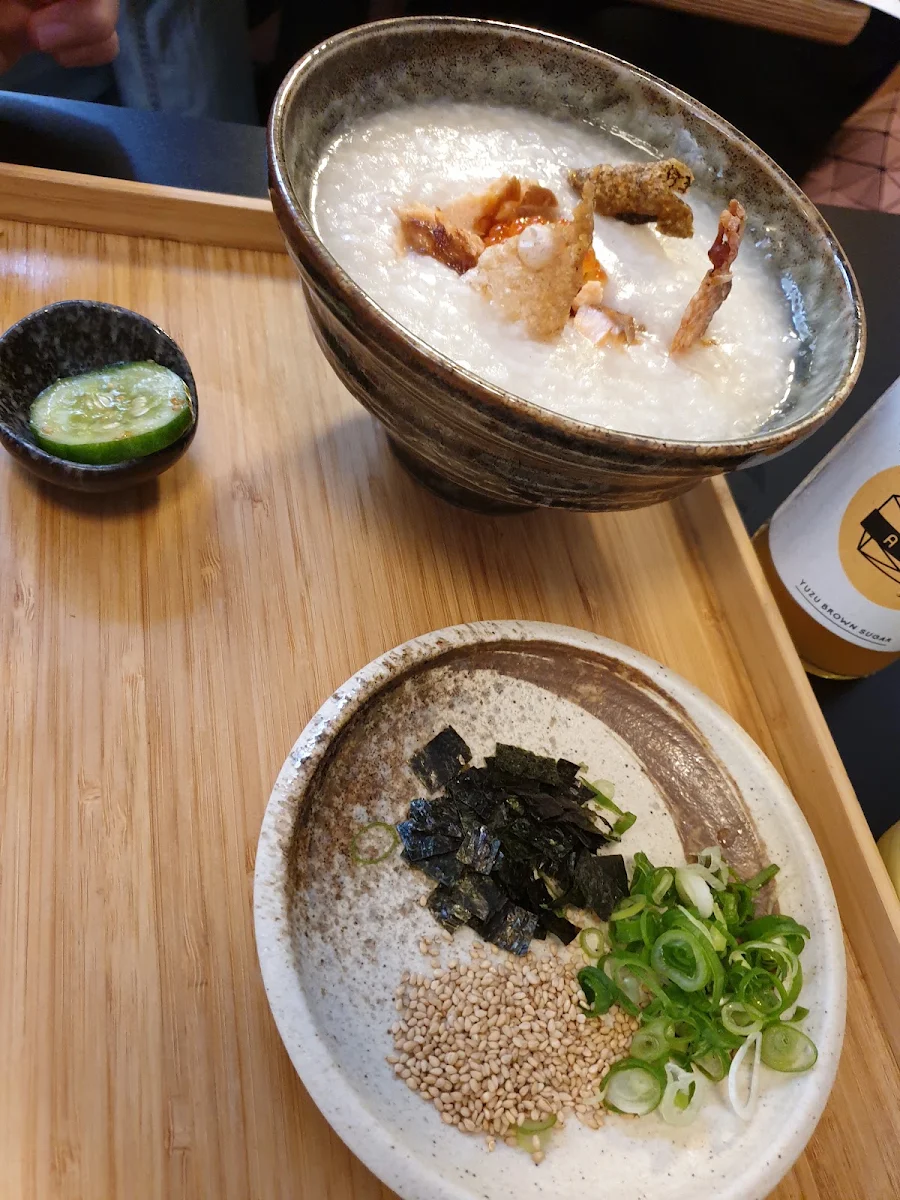 Grilled Salmon Congee with Salmon Skin