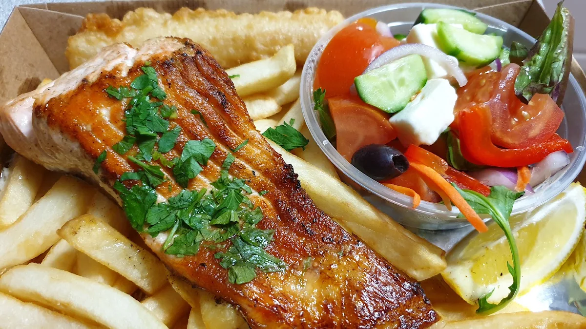 Grilled Salmon with Chips and Salad